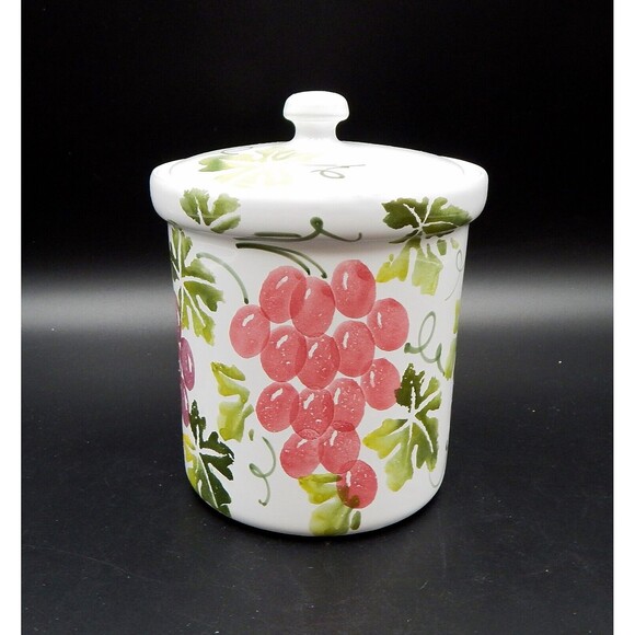 Pier 1 Imports Hand-Painted Grapes Vines Lidded Canister 7 Inch - Picture 3 of 10